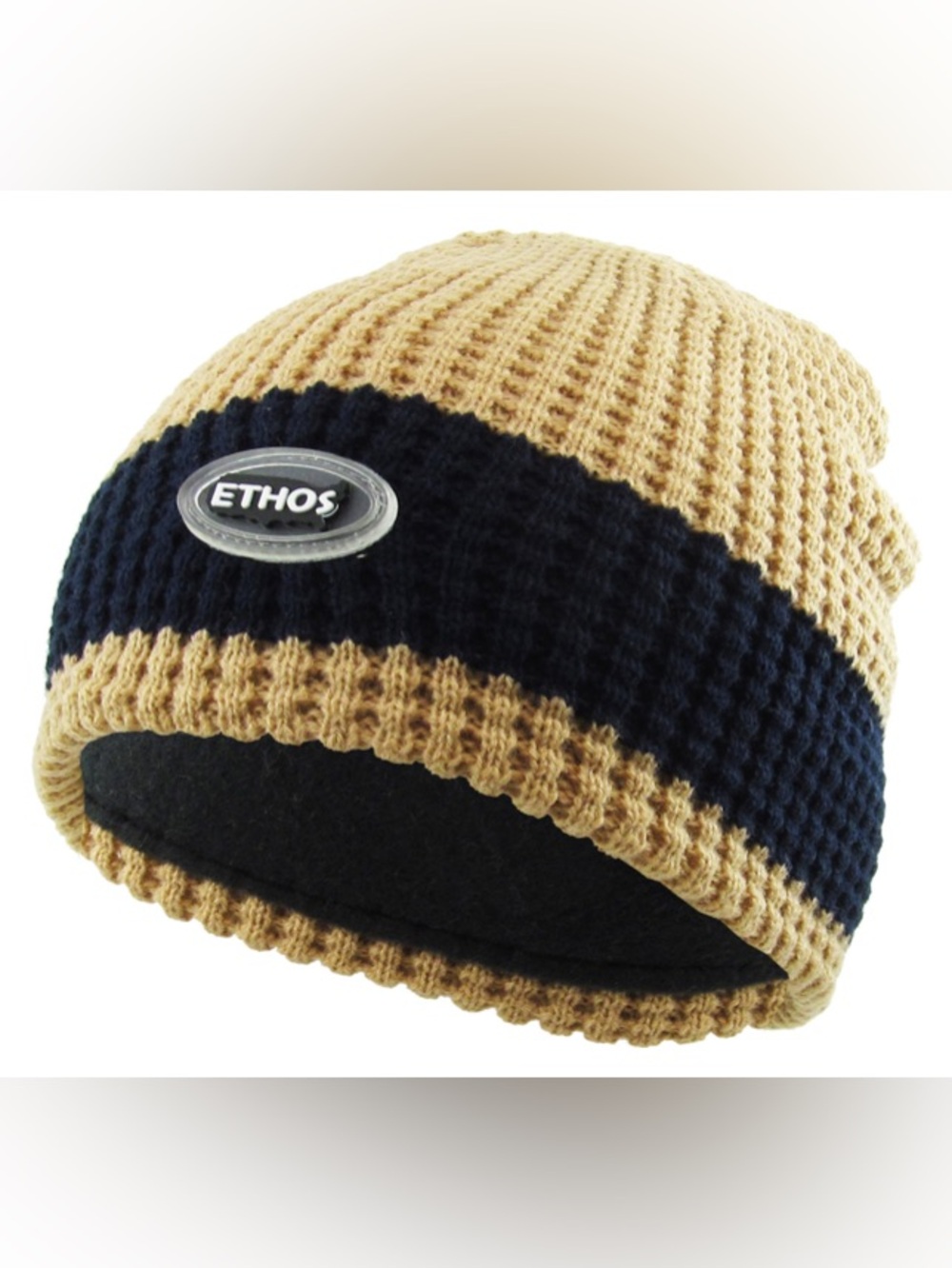 Men's Ethos Two-Tone Waffle Knit Beanie Hat in Tan and Navy